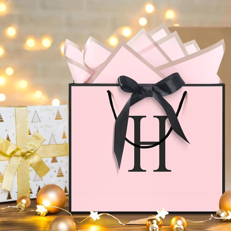 QLSKO Personalized Initial Paper Bag for Women Grils,Monogrammed Gift Bag with Bow Ribbon,Wrapping Tissue and Card Matching Envelope Sticker (Pink, H-Medium) - Image 4